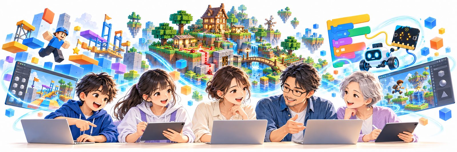 ノートパソコンやタブレットで、楽しそうにものづくりを学ぶ子どもと大人たち